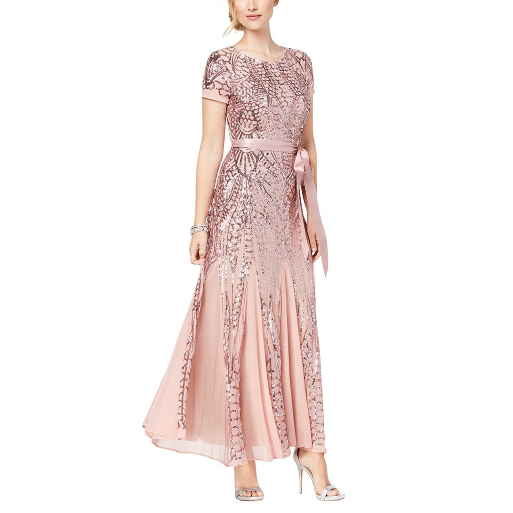R&M Richards Short Sleeve Embelished Sequins Gown
